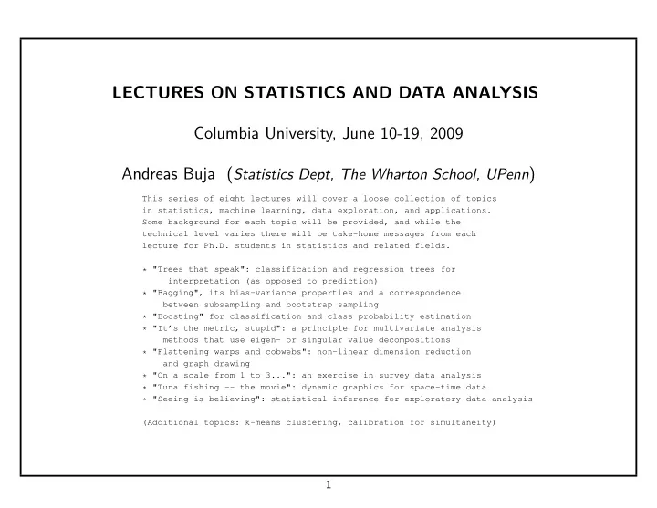 lectures on statistics and data analysis columbia