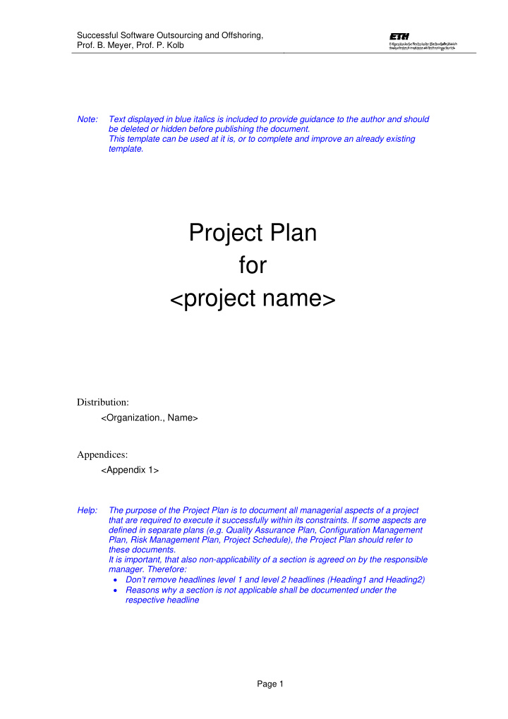 project plan for project name