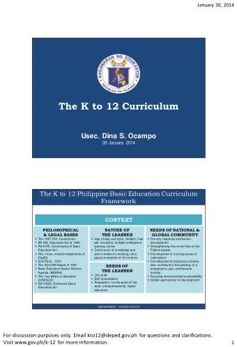 The K to 12 Curriculum  Usec. Dina S. Ocampo  30 January 2014  The K to 12 Philippine Basic