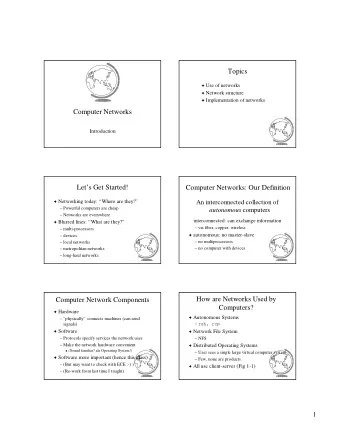 Topics ! Use of networks ! Network structure ! Implementation of networks  Computer Networks