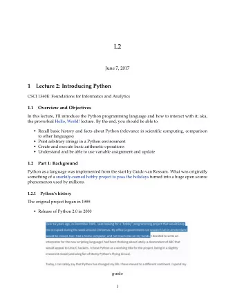 L2  June 7, 2017  1  Lecture 2: Introducing Python  CSCI 1360E: Foundations for Informatics and