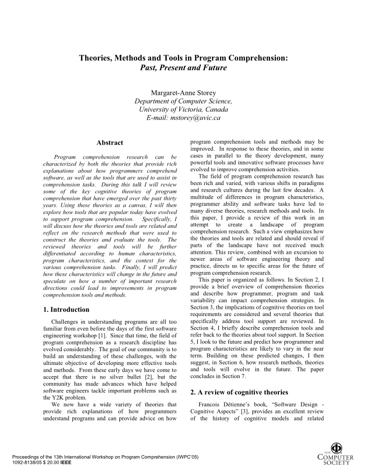 theories methods and tools in program comprehension past