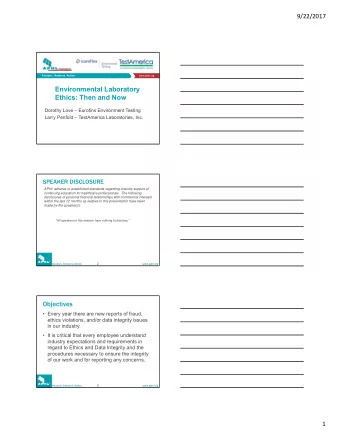 Environmental Laboratory  Ethics: Then and Now  Dorothy Love  Eurofins Environment Testing