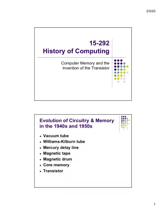 15-292  History of Computing  Computer Memory and the  Invention of the Transistor  Evolution of