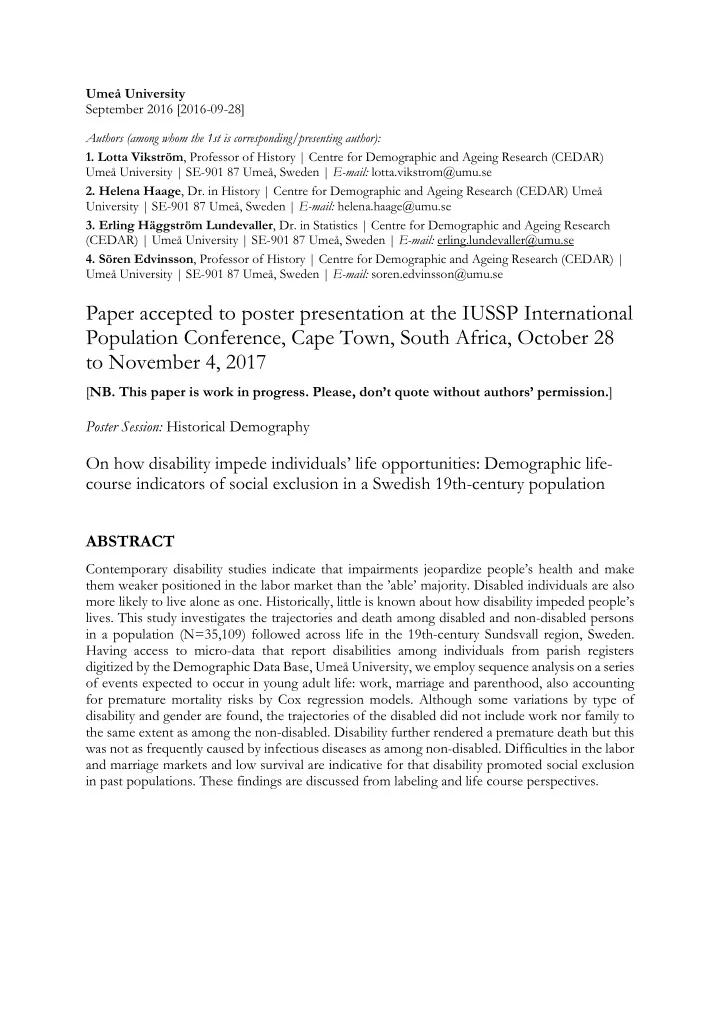 paper accepted to poster presentation at the iussp