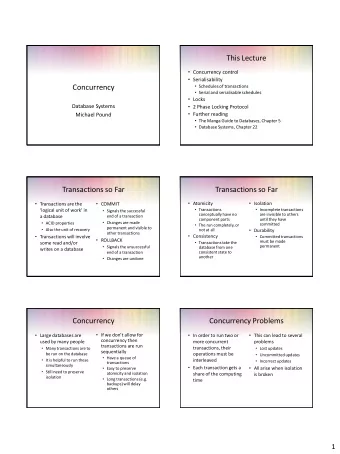 This Lecture  Concurrency control  Serialisability  Concurrency  Schedules of transactions