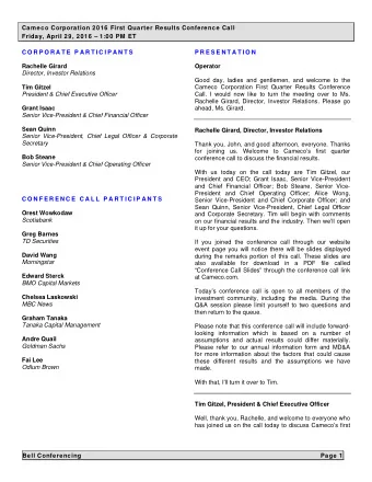 Cameco Corporation 2016 First Quarter Results Conference Call  Friday, April 29, 2016  1:00 PM