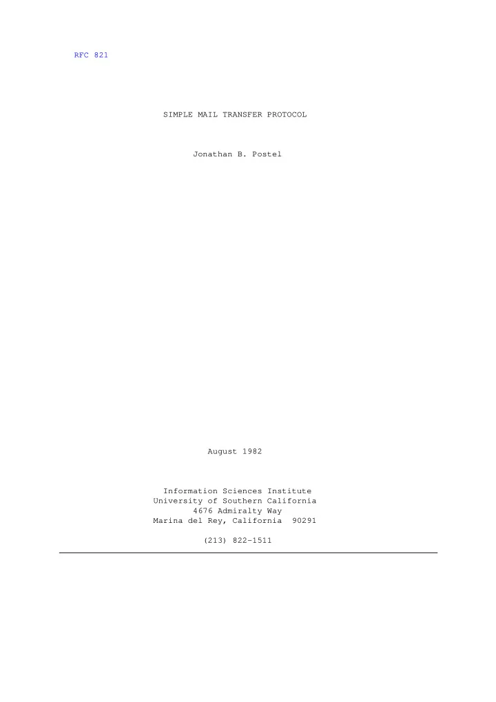 rfc 821 simple mail transfer protocol jonathan b postel