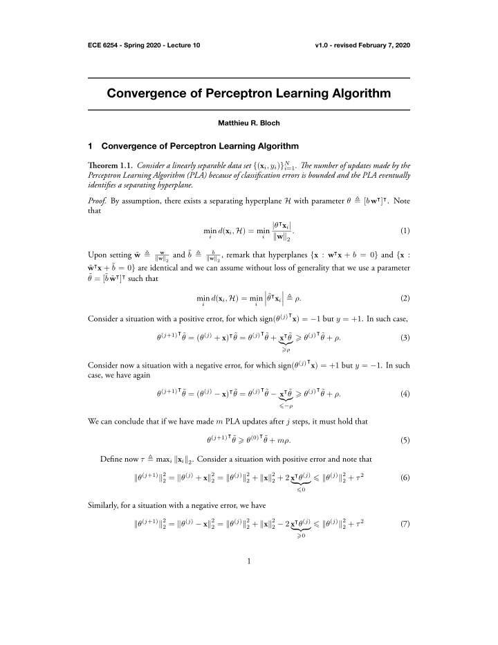 convergence of perceptron learning algorithm