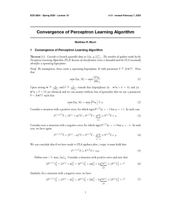 Convergence of Perceptron Learning Algorithm  Matthieu R. Bloch  1  Convergence of Perceptron