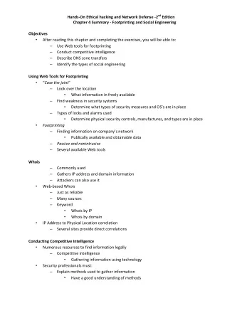 Hands-On Ethical hacking and Network Defense -2 nd Edition  Chapter 4 Summary - Footprinting and