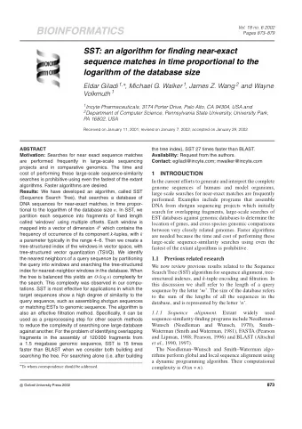 BIOINFORMATICS  Pages 873879  SST: an algorithm for finding near-exact  sequence matches in time
