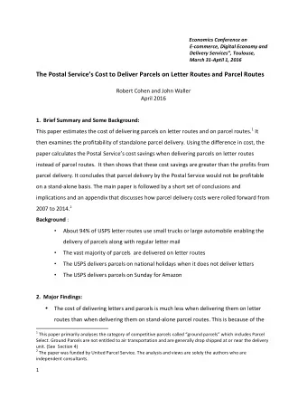 The Postal Services Cost to Deliver Parcels on Letter Routes and Parcel Routes  Robert Cohen and