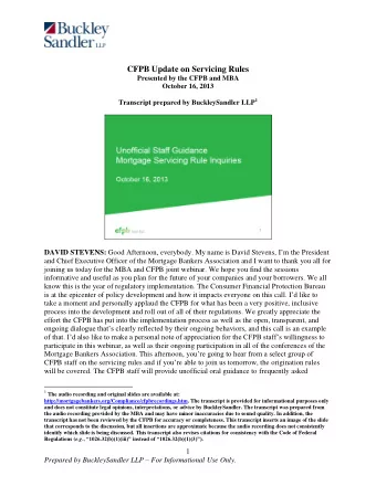 CFPB Update on Servicing Rules Presented by the CFPB and MBA  October 16, 2013 Transcript prepared