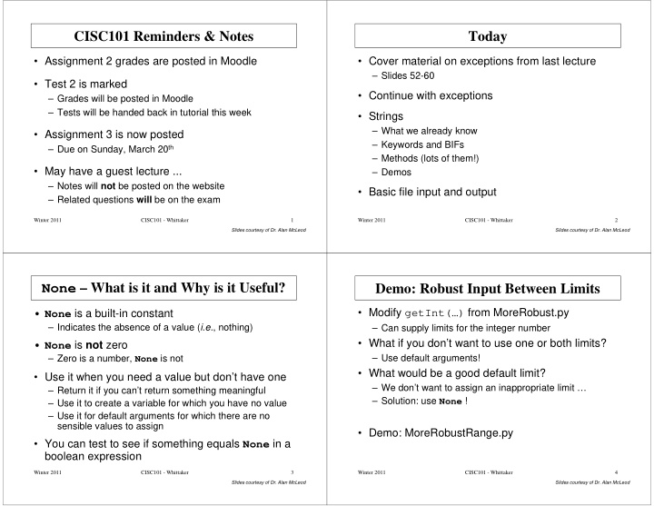 cisc101 reminders notes today