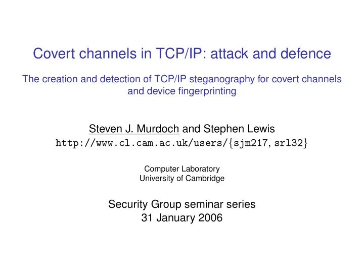 covert channels in tcp ip attack and defence