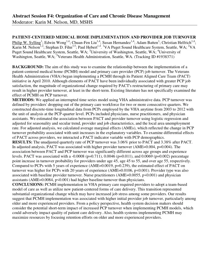 abstract session f4 organization of care and chronic
