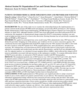 Abstract Session F4: Organization of Care and Chronic Disease Management  Moderator: Karin M.