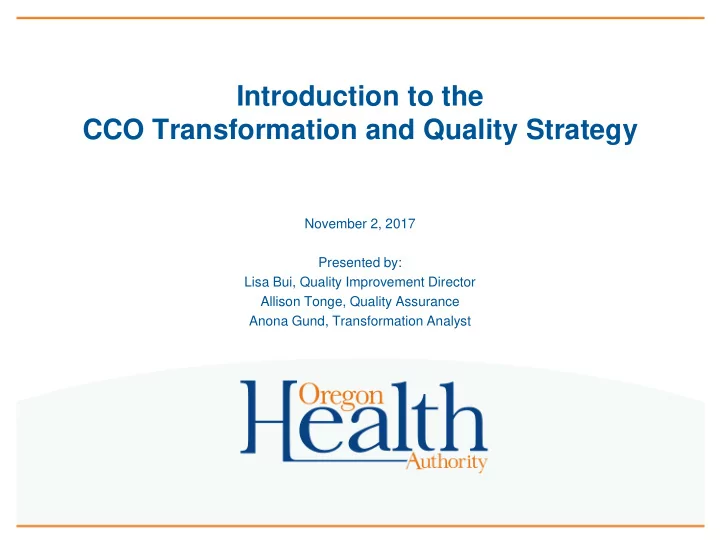 introduction to the cco transformation and quality