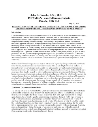 John F. Coombs, B.Sc., M.D.  152 Walters Lane, Fallbrook, Ontario  Canada, K0G 1A0  May 17, 2016