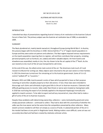 M E M O R A N D U M  AUSTRIAN ART RESTITUTION  New York, New York  March 4-5, 2010  INTRODUCTION  I