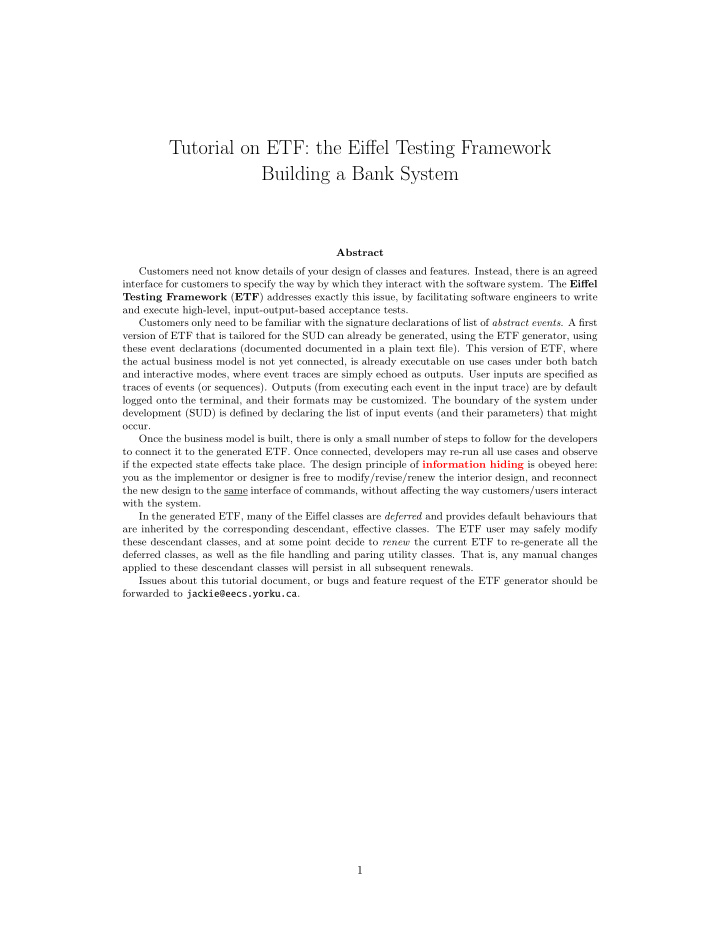 tutorial on etf the eiffel testing framework building a
