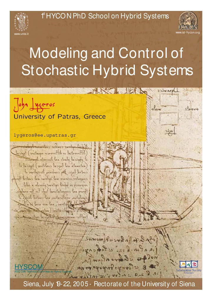 modeling and control of stochastic hybrid systems john
