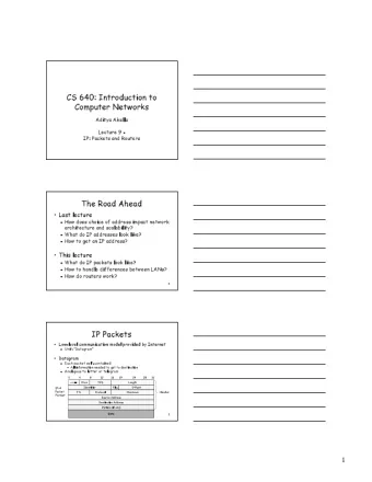 CS 640: Introduction to  Computer Networks  Aditya Akella  Lecture 9 -  IP: Packets and Routers
