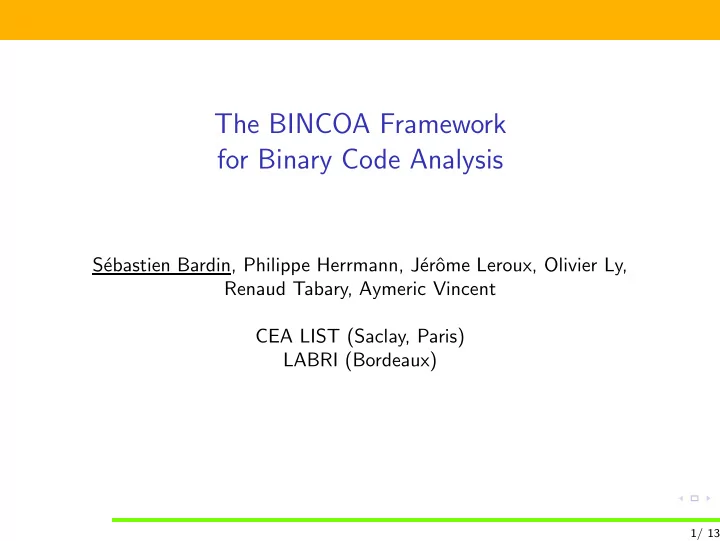 the bincoa framework for binary code analysis