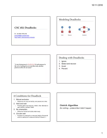 Modeling Deadlocks  CSC 452: Deadlocks  A  B  T  C  D  R  S  U  Dr. Jonathan Misurda  Hold  Request