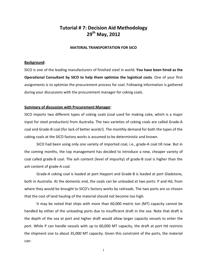 tutorial 7 decision aid methodology 29 th may 2012