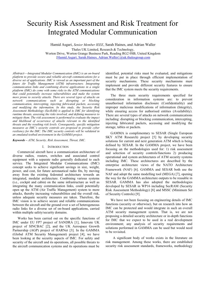 security risk assessment and risk treatment for