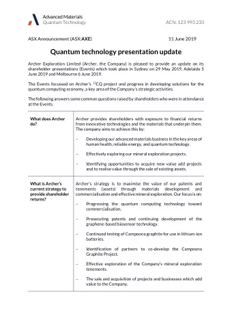 Quantum technology presentation update  Archer Exploration Limited (Archer, the Company) is pleased
