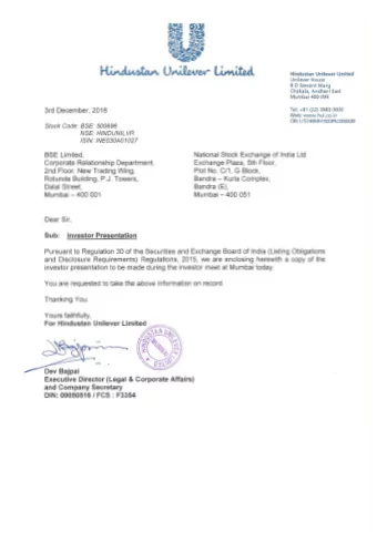 Hindustan Unilever  03 DEC 2018  SAFE HARBOUR STATEMENT  This Release / Communication, except for