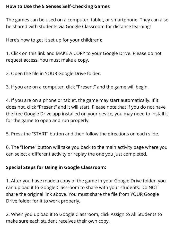 how to use the 5 senses self checking games the games can