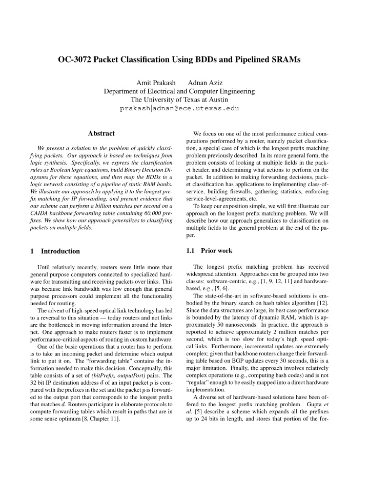 oc 3072 packet classification using bdds and pipelined