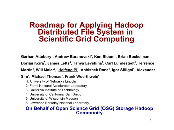 roadmap for applying hadoop distributed file system in