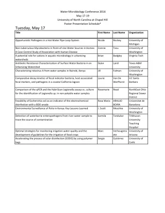Tuesday, May 17  Title  First Name  Last Name  Organization  Opportunistic Pathogens in a Hot Water