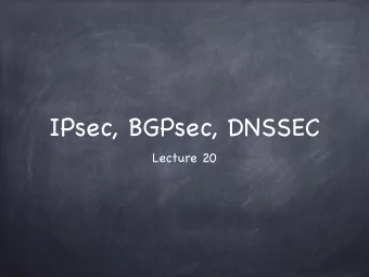 IPsec, BGPsec, DNSSEC Lecture 20  Internet Protocol Suite Link layer: ethernet, wifi etc. Internet
