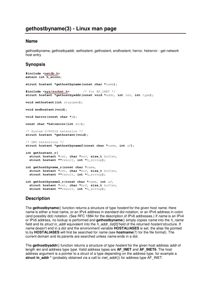 gethostbyname 3 linux man page