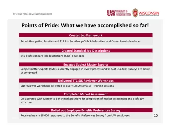 Points of Pride: What we have accomplished so far!  Created Job Framework  24 Job Groups/Job