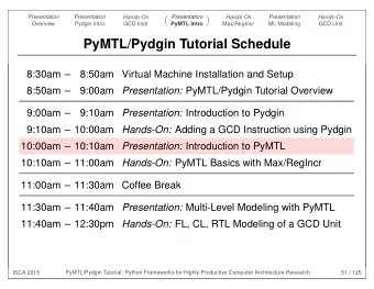 PyMTL/Pydgin Tutorial Schedule  8:30am   8:50am Virtual Machine Installation and Setup  8:50am