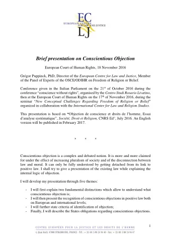 Brief presentation on Conscientious Objection  European Court of Human Rights, 18 November 2016