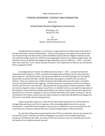FOREIGN OWNERSHIP, CONTROL AND DOMINATION  Before the  United States Nuclear Regulatory Commission
