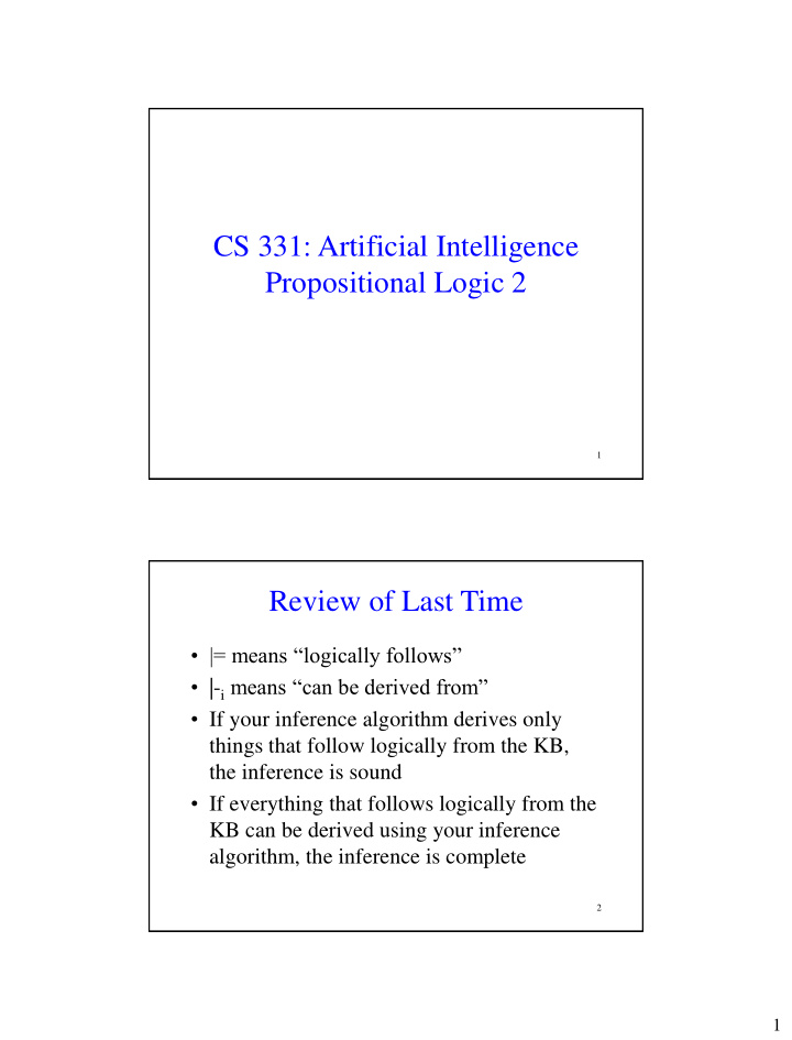 cs 331 artificial intelligence propositional logic 2