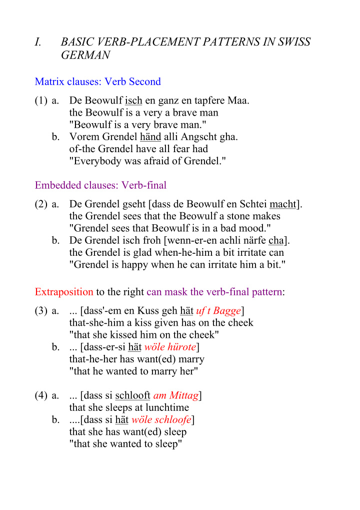 i basic verb placement patterns in swiss german