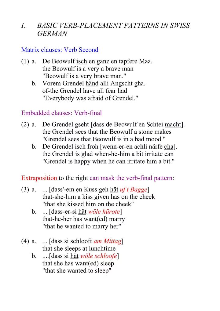 i basic verb placement patterns in swiss german