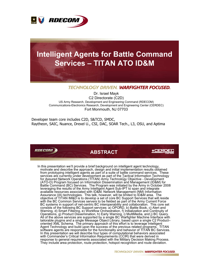 intelligent agents for battle command services titan ato