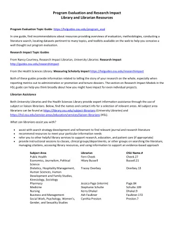 Program Evaluation and Research Impact Library and Librarian Resources Program Evaluation Topic