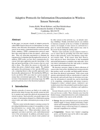 Adaptive Protocols for Information Dissemination in Wireless  Sensor Networks  Joanna Kulik, Wendi
